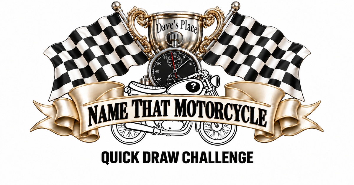 Name That Motorcycle — Quick Draw Challenge. Dave’s Place trophy, stopwatch, chequered flags and mystery motorcycle.